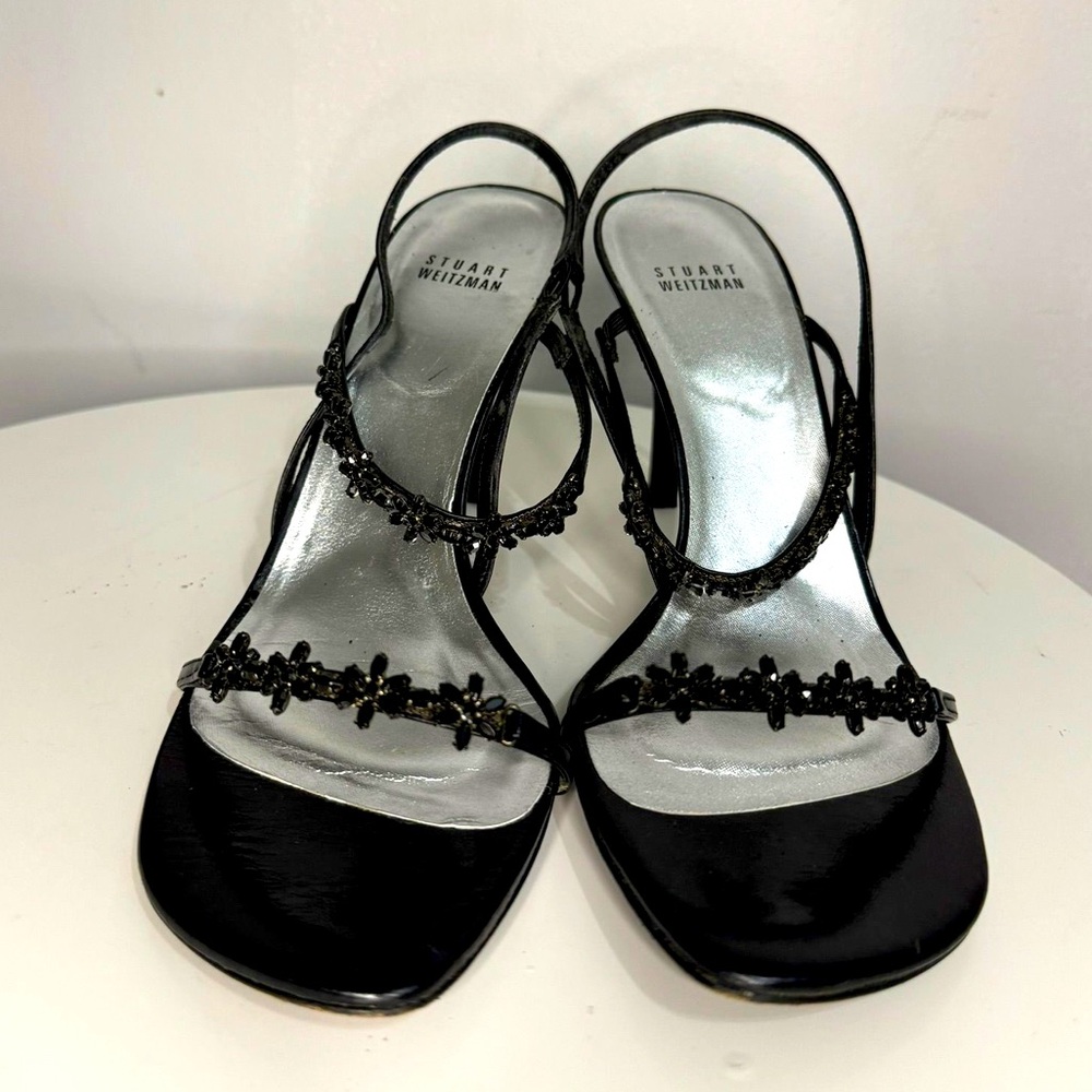 Stuart Weitzman Starstruck Beaded Strappy Heels – Black, Size 10M